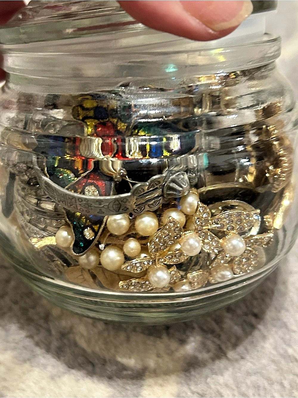 Mystery costume jewelry jar lot ..sterling, VTG Brooches misc pieces